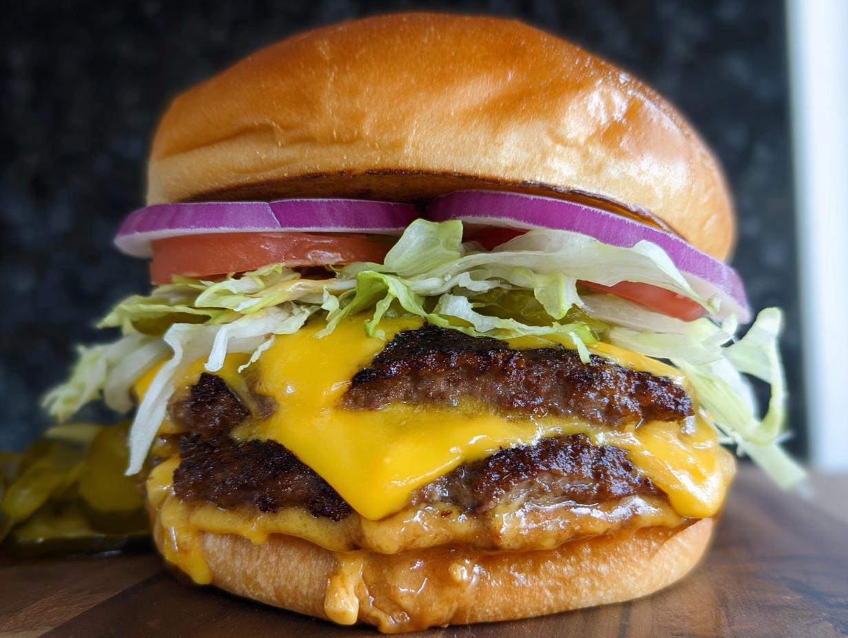 A close-up of an irresistible smash burger with double patties, melted cheese, lettuce, tomato, onion, and pickles.