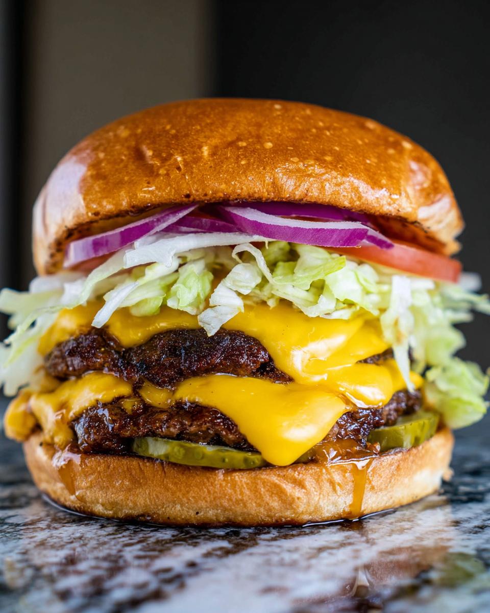 A juicy, double-patty smash burger with melted cheese, lettuce, tomato, red onion, and pickles.