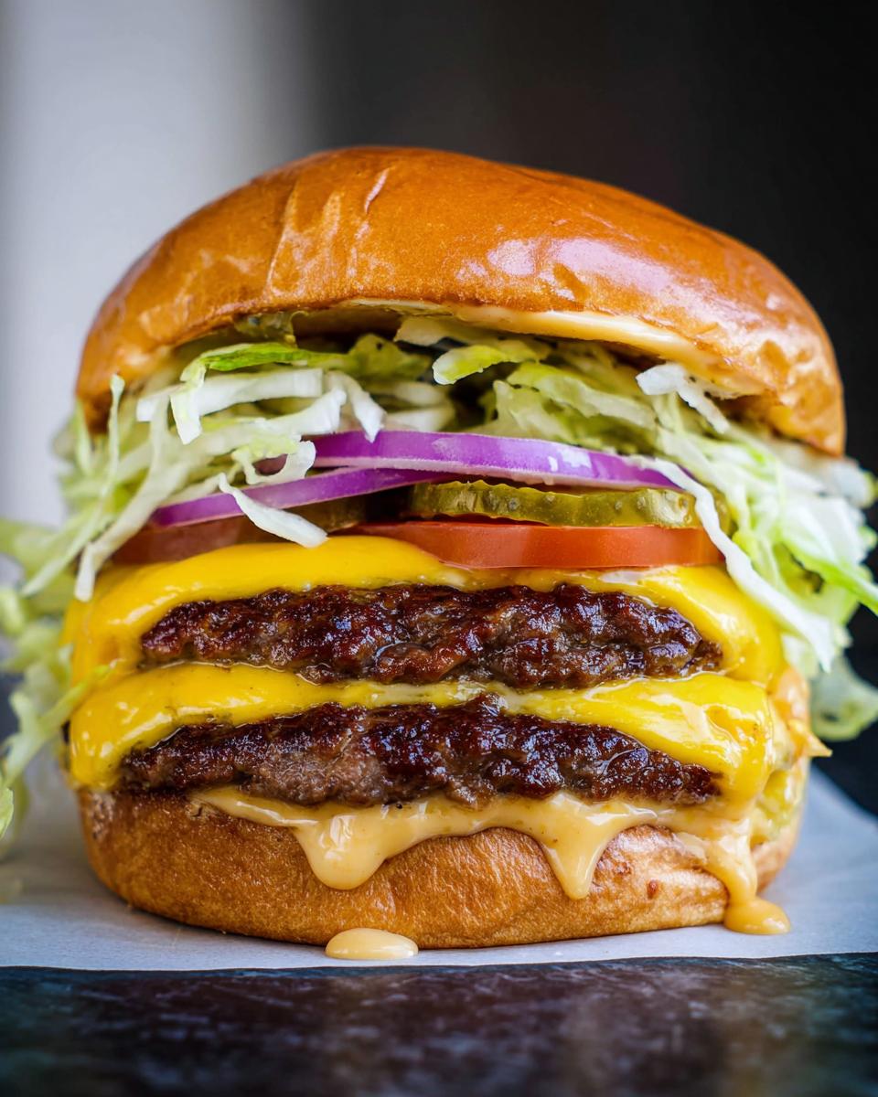 A close-up of an irresistible smash burger with two juicy patties, melted cheese, fresh lettuce, tomato, onion, and pickles.
