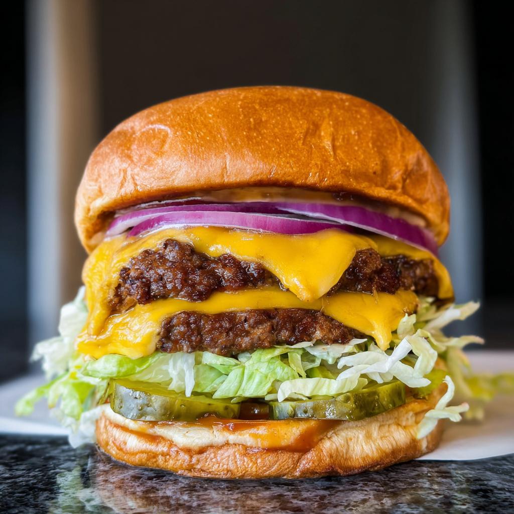 A juicy double patty smash burger with melted cheese, red onion, lettuce, and pickles.