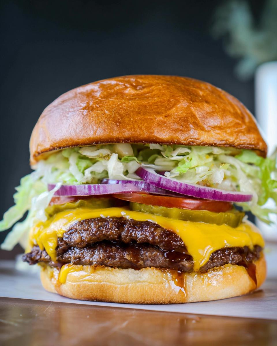 A juicy, double-patty smash burger with melted cheese, pickles, onions, tomato, and lettuce.