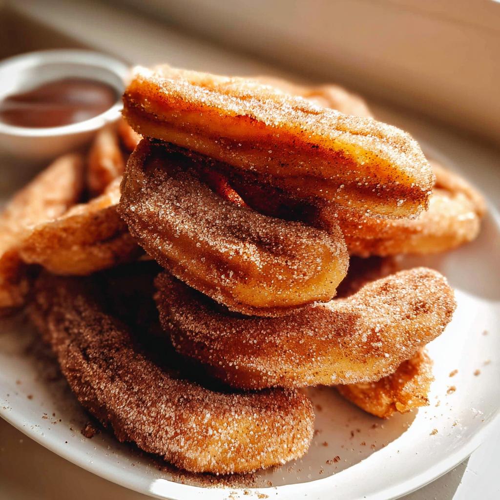 A close-up of a stack of Irresistible Spanish Churro Pancakes, coated in cinnamon sugar, with a small dish of chocolate sauce in the background.
