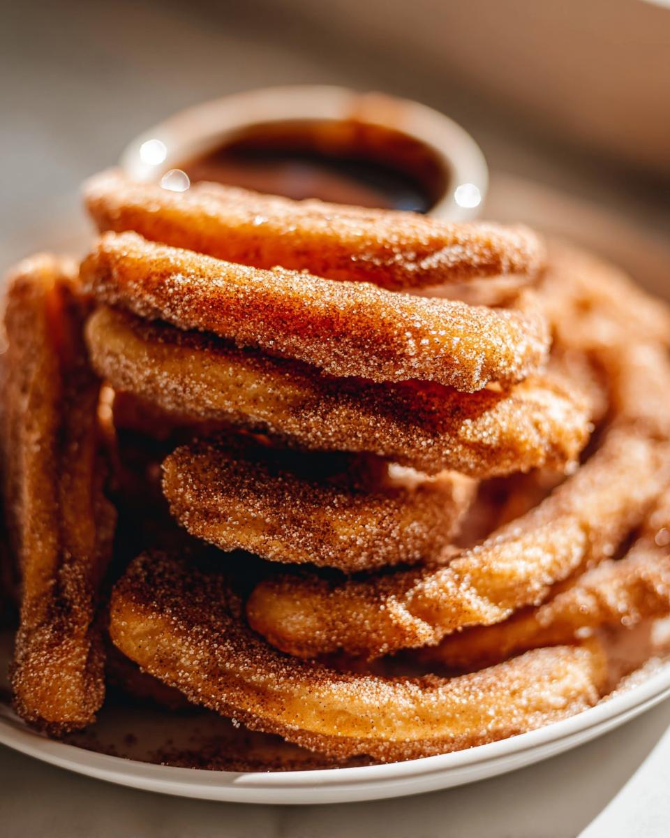 A close-up stack of Irresistible Spanish Churro Pancakes, coated in cinnamon sugar, with a dipping sauce in the background.