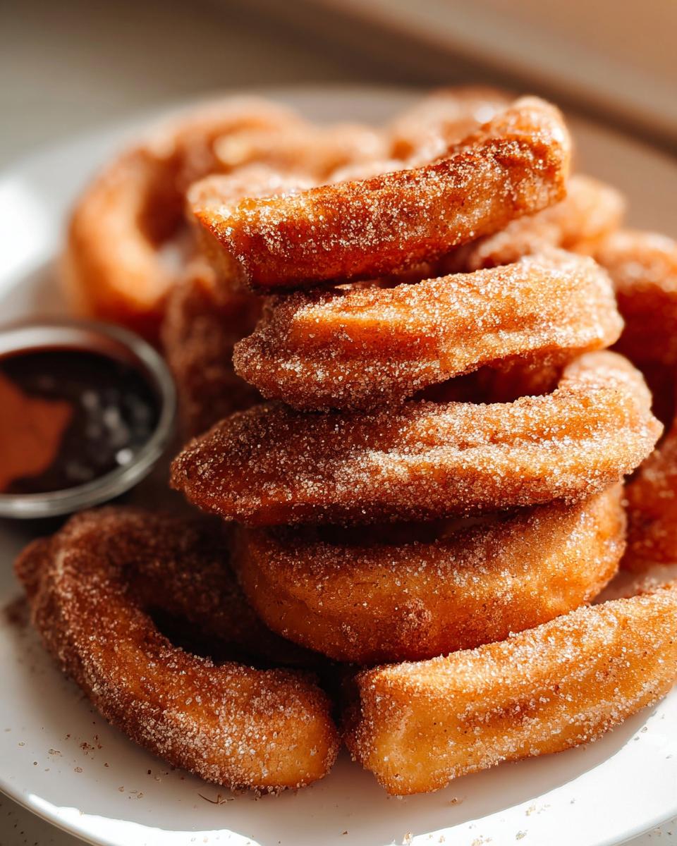 A stack of Irresistible Spanish Churro Pancakes coated in cinnamon sugar, served with a side of chocolate dipping sauce.