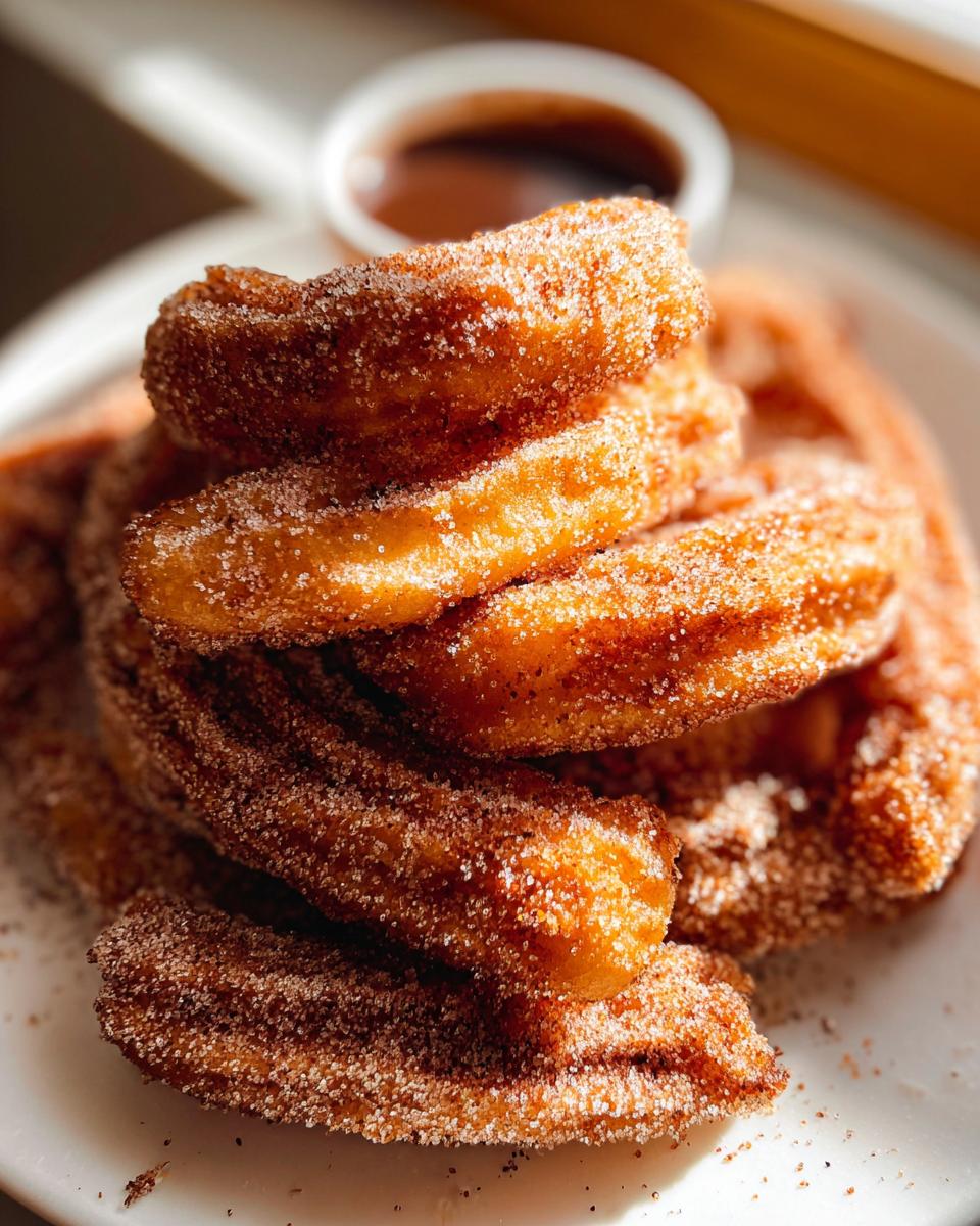 A close-up stack of Irresistible Spanish Churro Pancakes, coated in cinnamon sugar, with a small dish of chocolate sauce in the background.