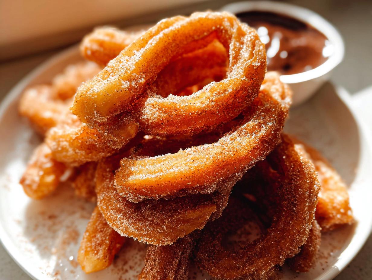 A close-up shot of a stack of Irresistible Spanish Churro Pancakes, coated in cinnamon sugar, with a bowl of chocolate sauce in the background.