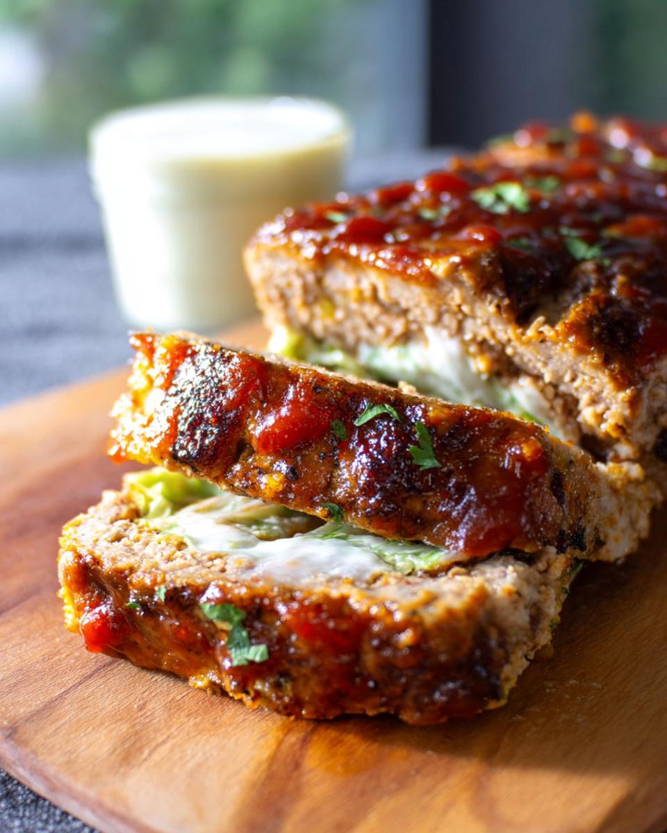 A close-up of a slice of Juicy Garlic Parmesan Chicken Meatloaf, glazed with barbecue sauce and topped with parsley.
