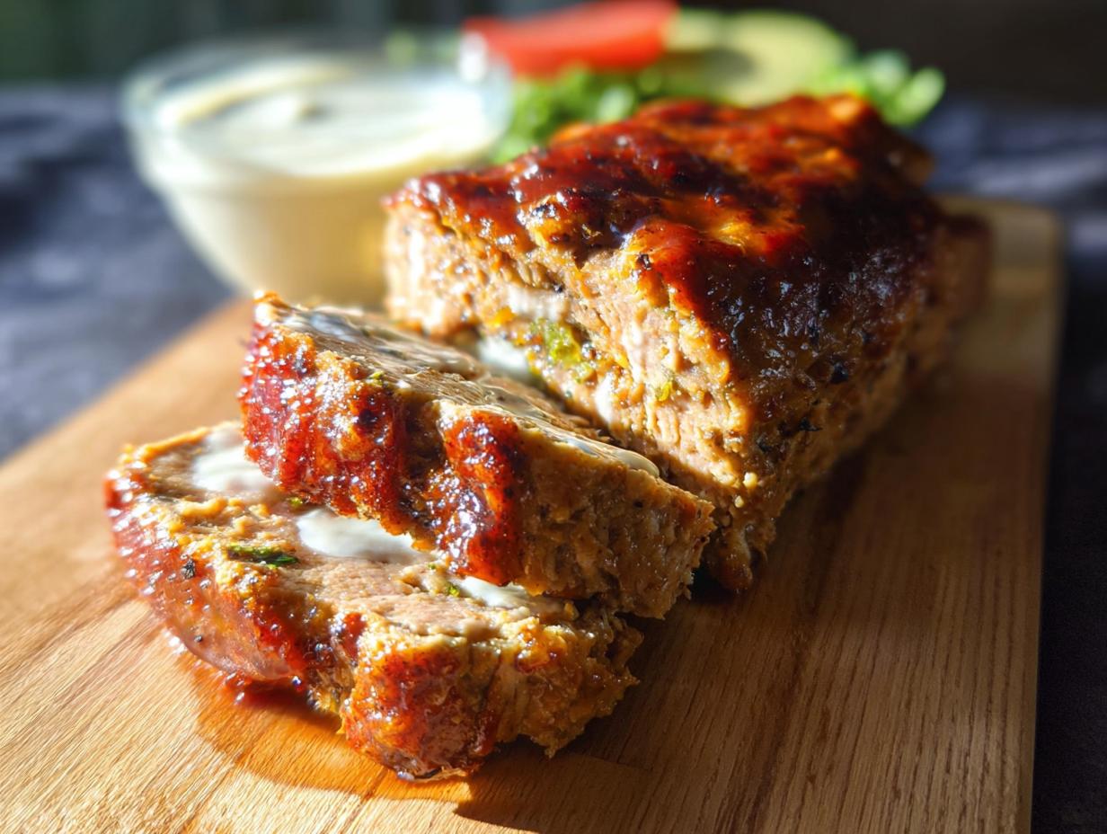 A close-up of a sliced Juicy Garlic Parmesan Chicken Meatloaf with a glaze and a side of sauce and salad.