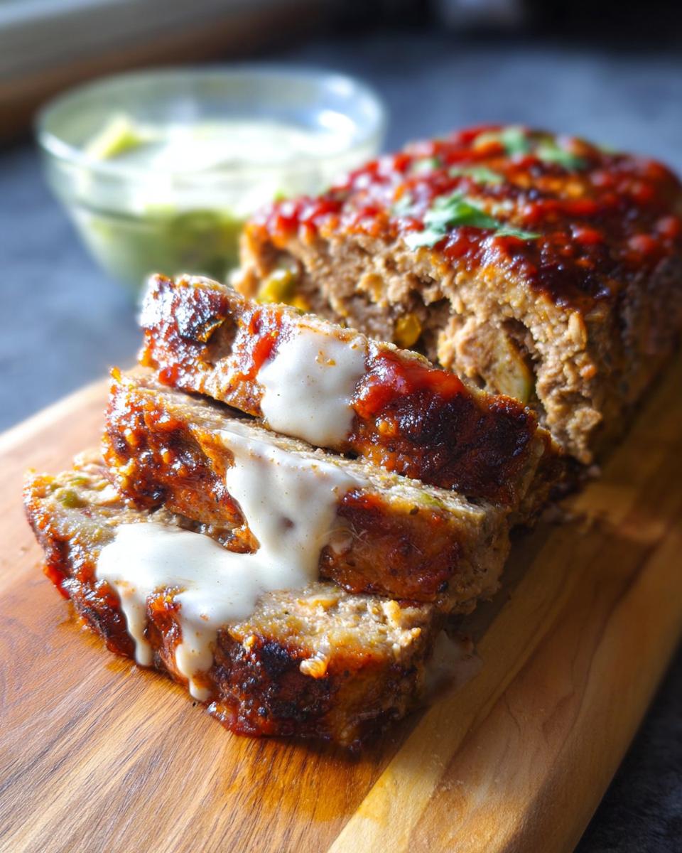 Close-up of sliced Juicy Garlic Parmesan Chicken Meatloaf drizzled with sauce on a wooden board.