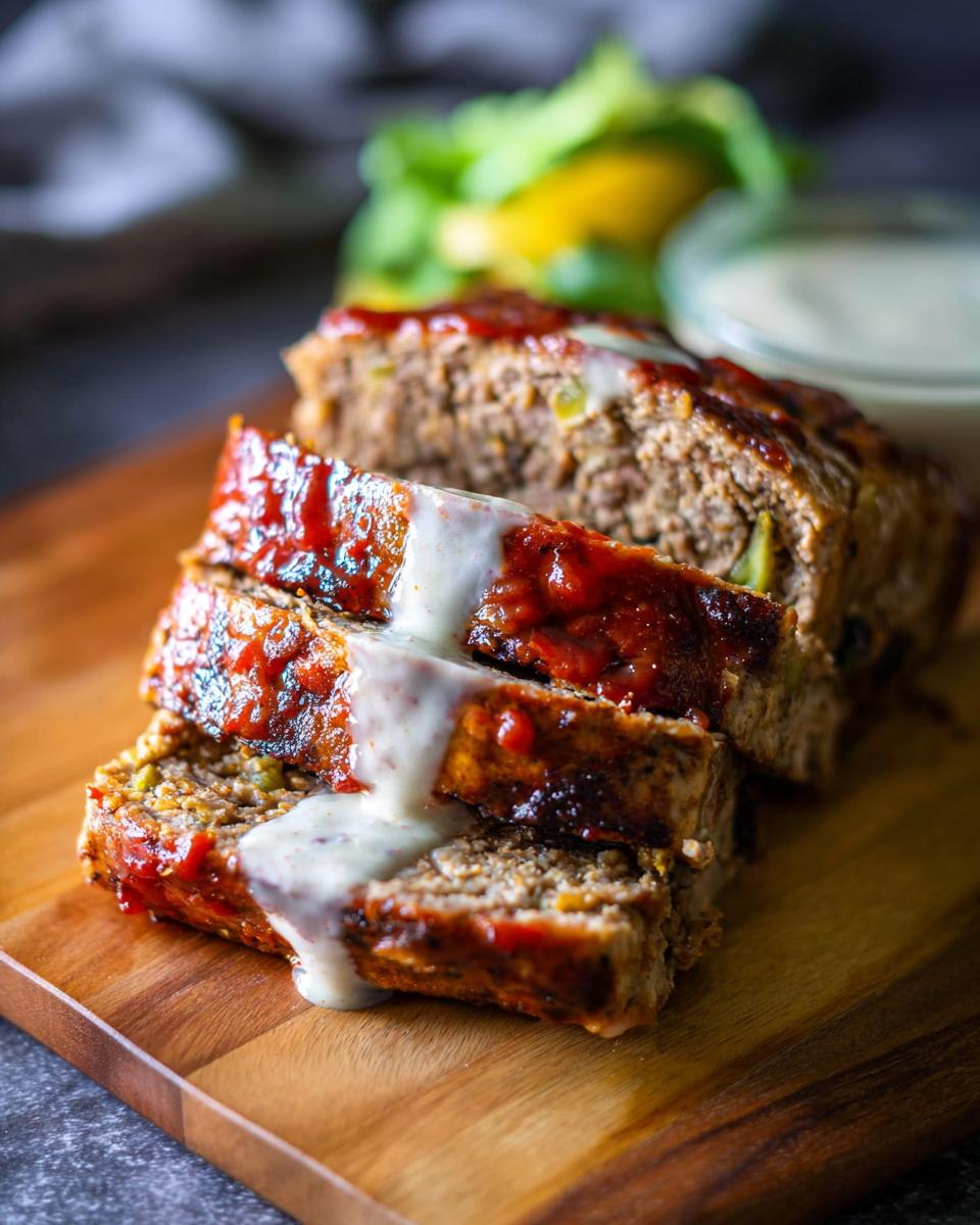 Three slices of Juicy Garlic Parmesan Chicken Meatloaf topped with glaze and sauce, served on a wooden board.
