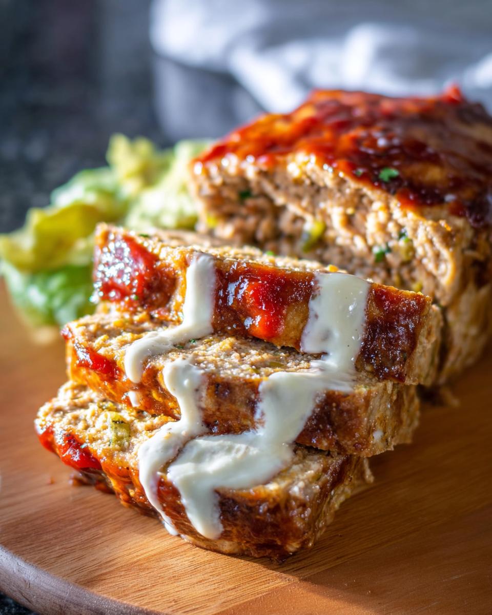 Close-up of sliced Juicy Garlic Parmesan Chicken Meatloaf, drizzled with sauce and served with a side of greens.