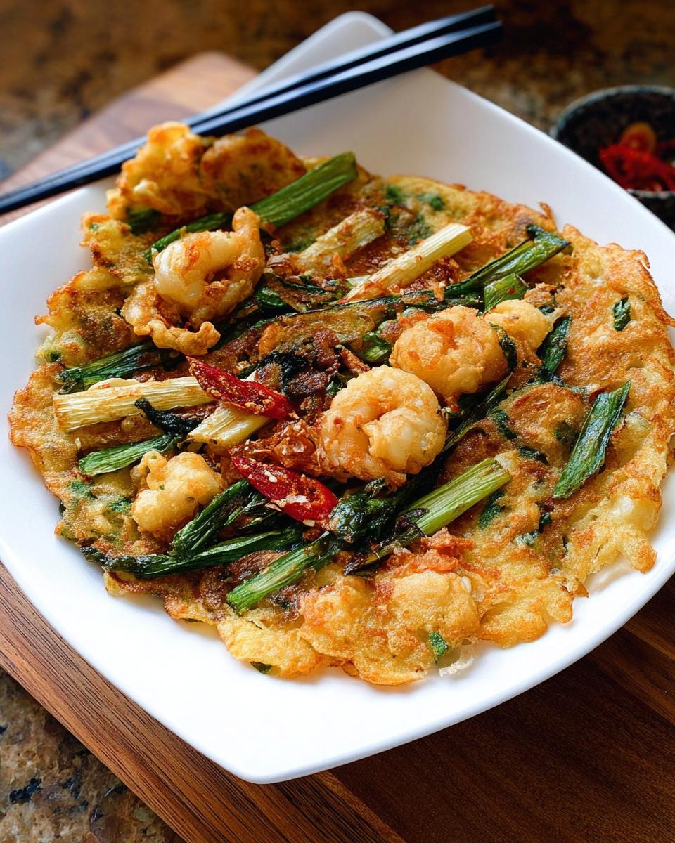 A close-up of a golden-brown Korean Pancake (Pajeon) topped with plump shrimp, green onions, and chili peppers.