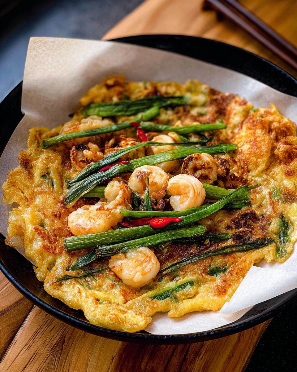 Close-up of a golden-brown Korean Pancake (Pajeon) topped with plump shrimp, green onions, and red chili slices.