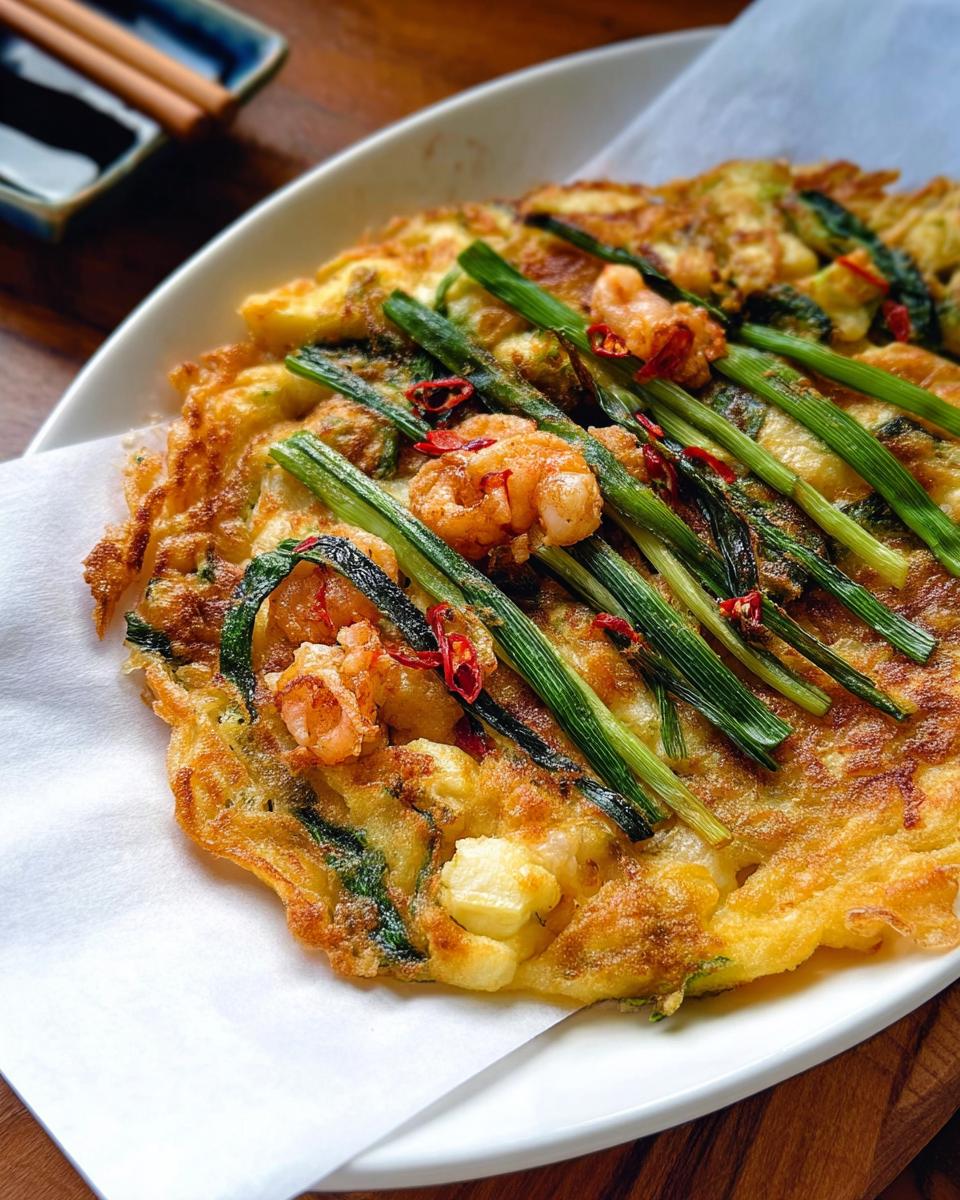 Close-up of a golden-brown Korean Pancake (Pajeon) topped with fresh green onions, plump shrimp, and red chili flakes.