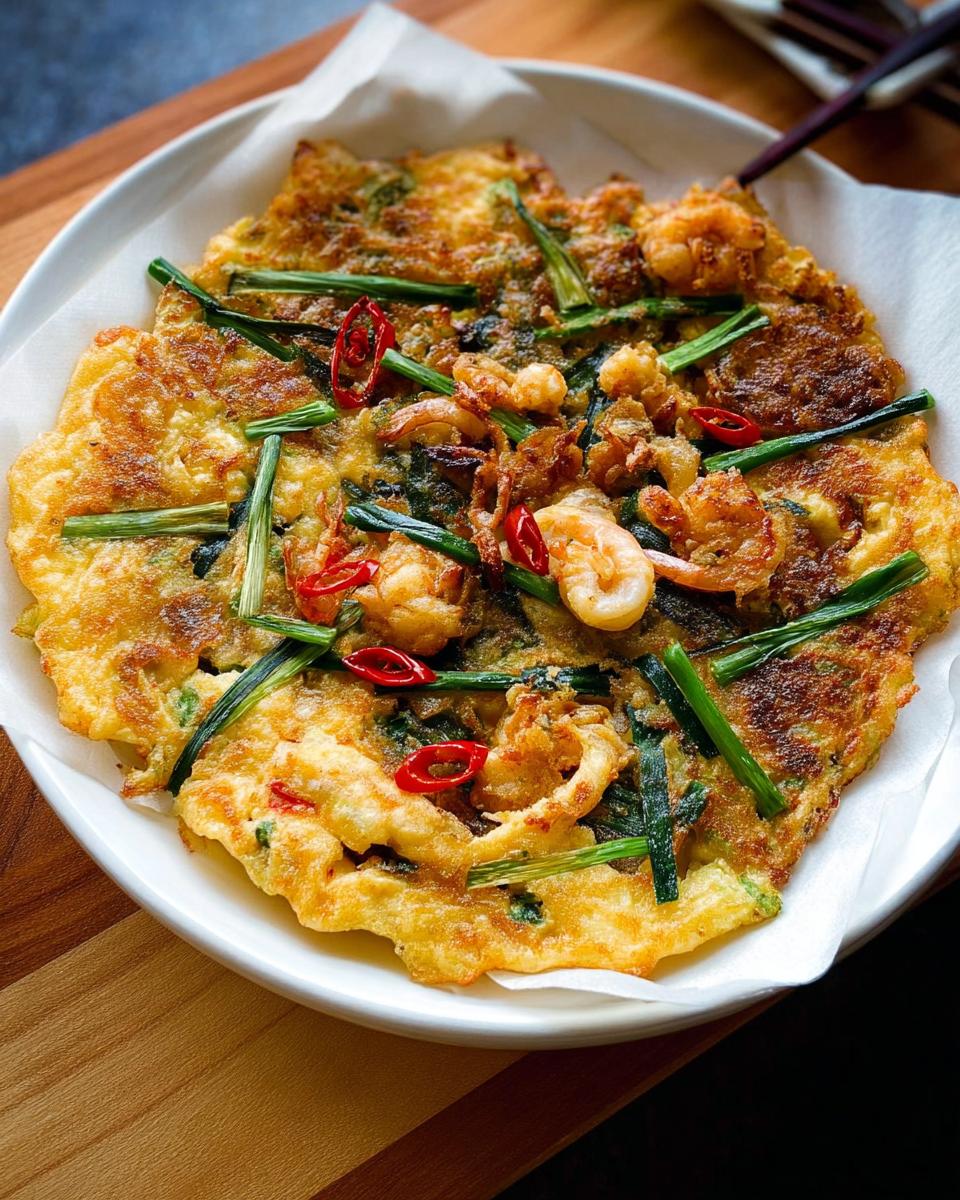 A close-up of a golden-brown Korean Pancake (Pajeon) topped with shrimp, green onions, and red chili slices.