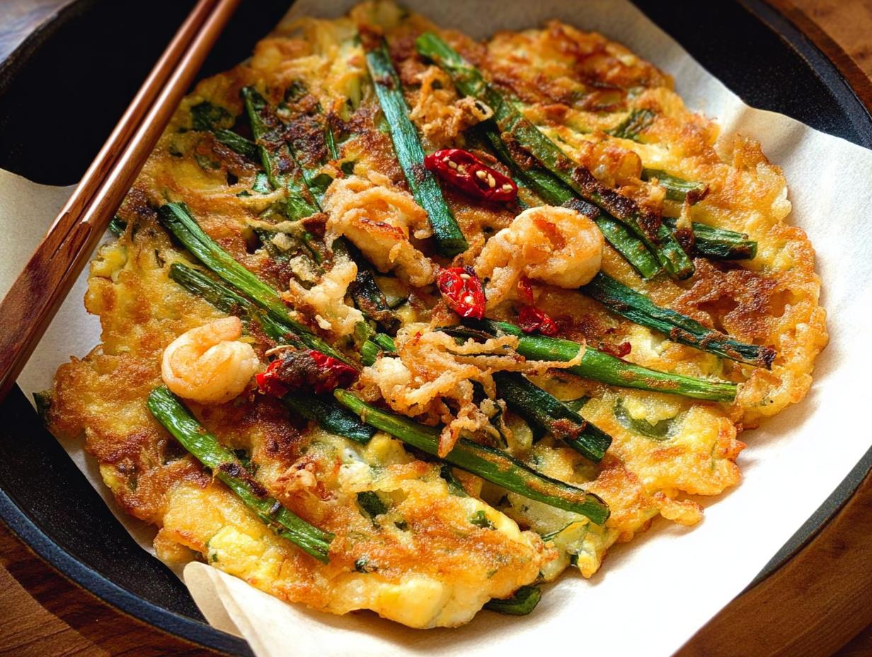 A close-up of a perfectly cooked Korean Pancake (Pajeon) topped with plump shrimp, green scallions, and red chili flakes.