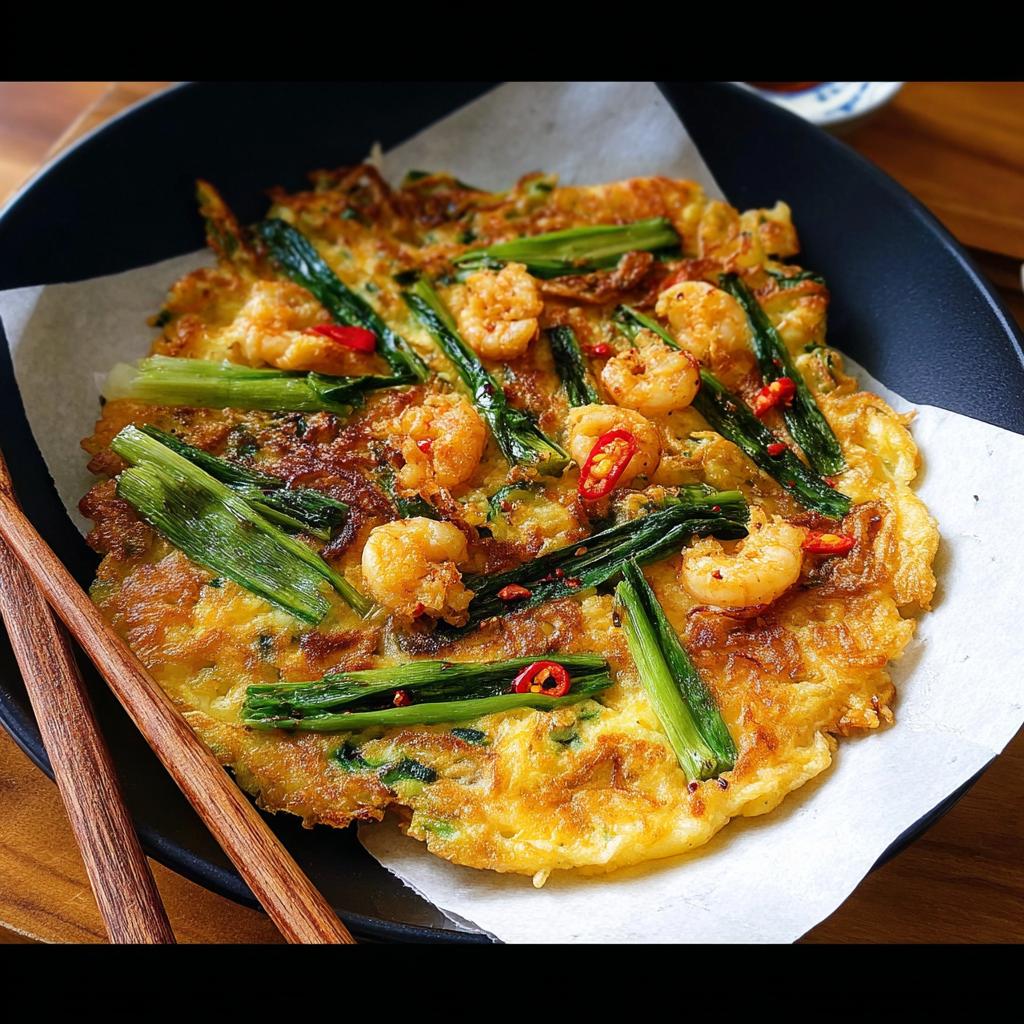 A golden-brown Korean Pancake (Pajeon) topped with plump shrimp, green onions, and chili slices.