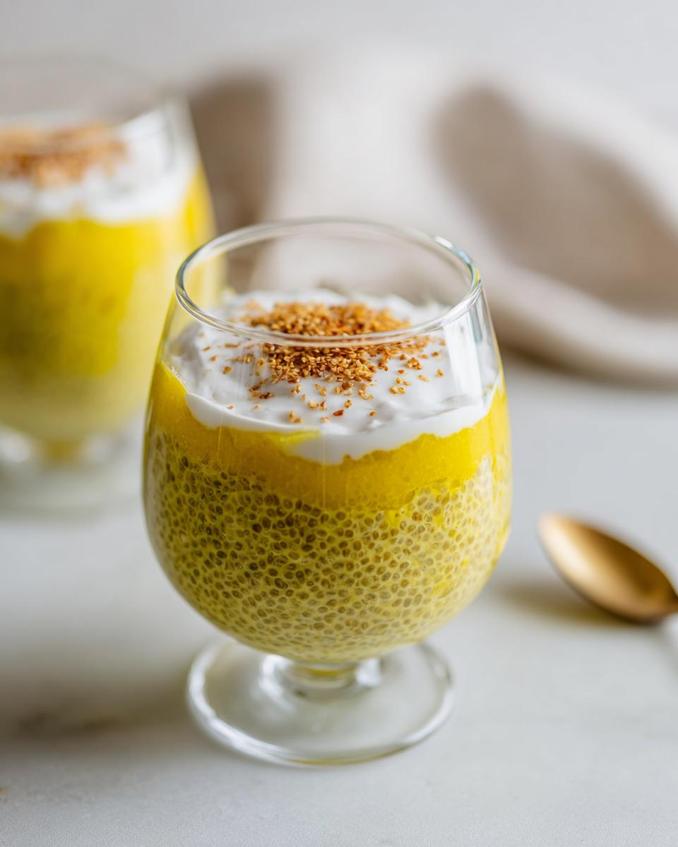 A close-up of a glass filled with vibrant yellow Lemon Cream Chia Pudding, topped with coconut cream and toasted seeds.