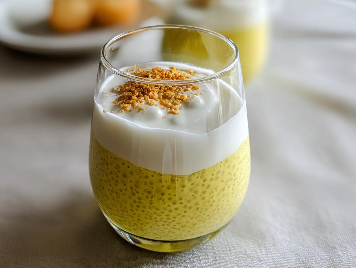 A refreshing glass of Lemon Cream Chia Pudding topped with yogurt and crumble.