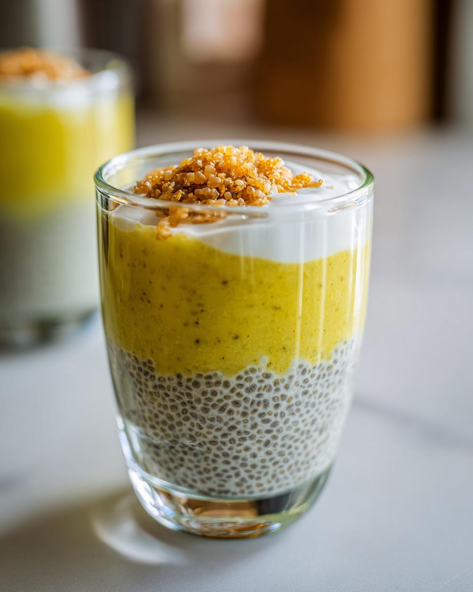 A glass of layered Lemon Cream Chia Pudding topped with yogurt and crunchy seeds.