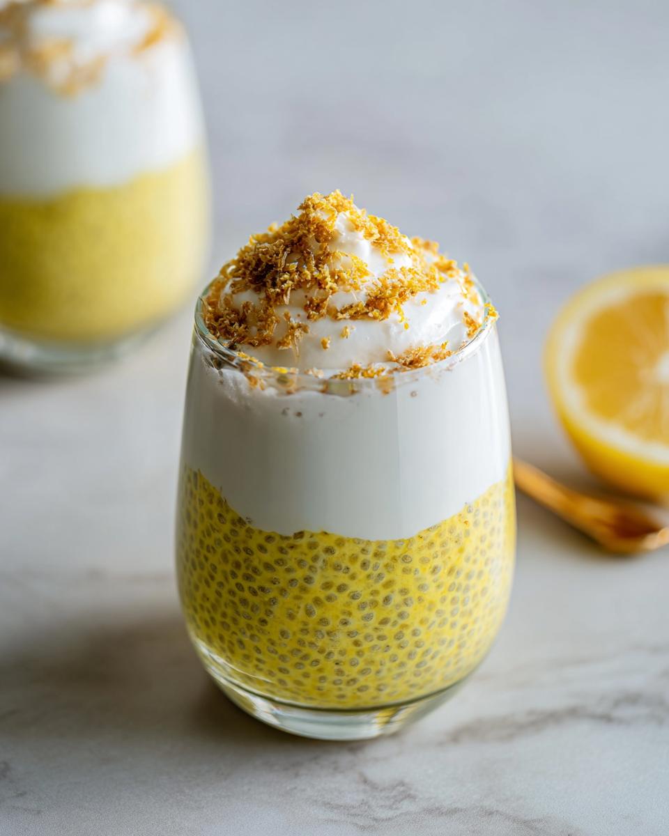 A close-up of a glass of Lemon Cream Chia Pudding topped with whipped cream and toasted coconut flakes.