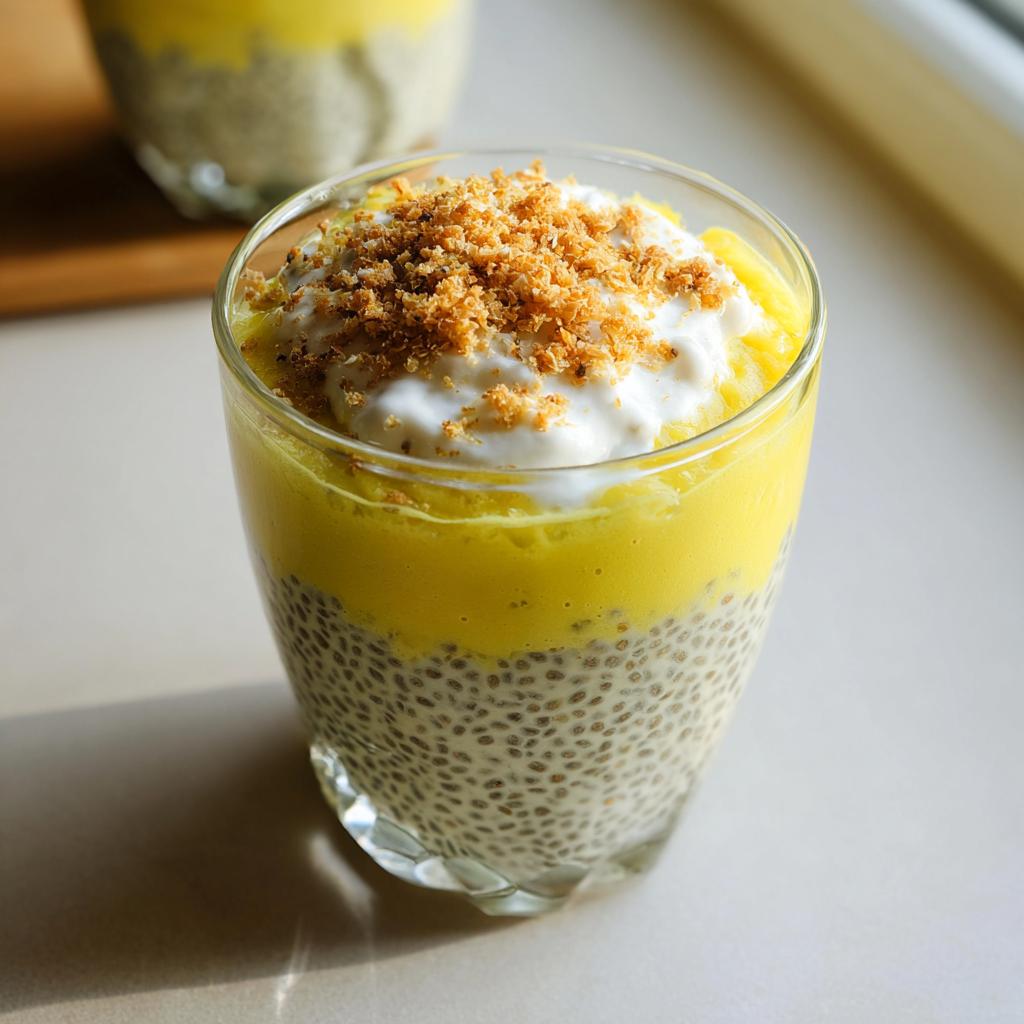 A refreshing glass of Lemon Cream Chia Pudding layered with bright yellow puree and topped with yogurt and toasted crumbs.