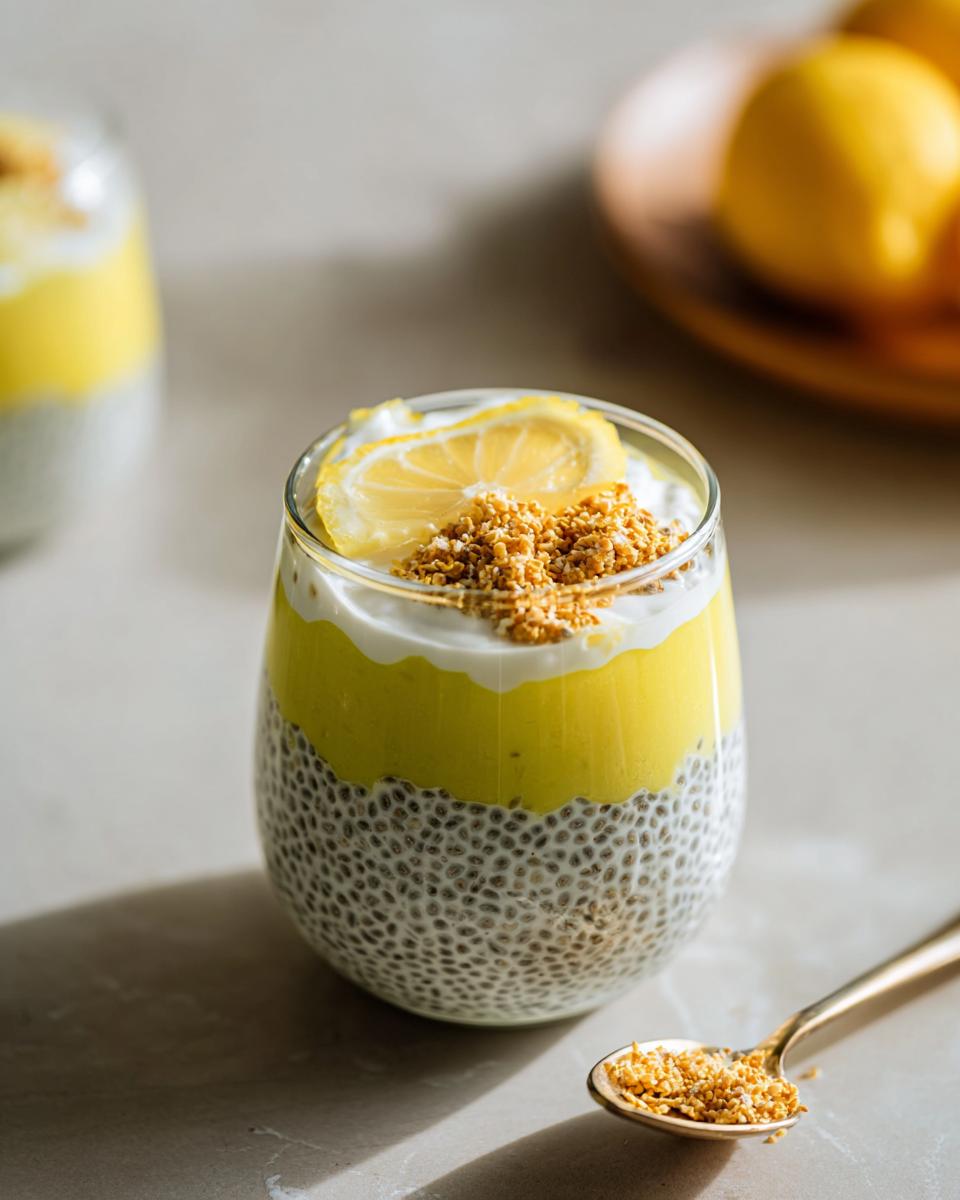 A refreshing glass of Lemon Cream Chia Pudding with distinct layers of chia seeds, lemon curd, and whipped cream, topped with a lemon slice and crumble.