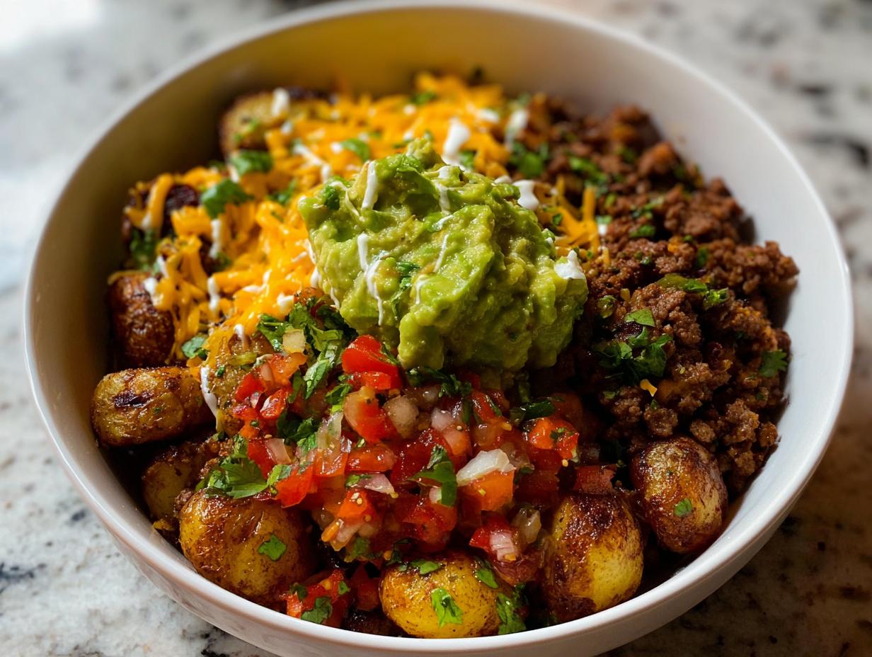 A delicious Loaded Potato Taco Bowl filled with roasted potatoes, seasoned ground beef, pico de gallo, guacamole, and shredded cheese.