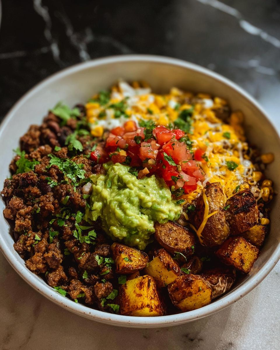 A delicious Loaded Potato Taco Bowl featuring seasoned ground beef, roasted potatoes, guacamole, pico de gallo, corn, and cheese.
