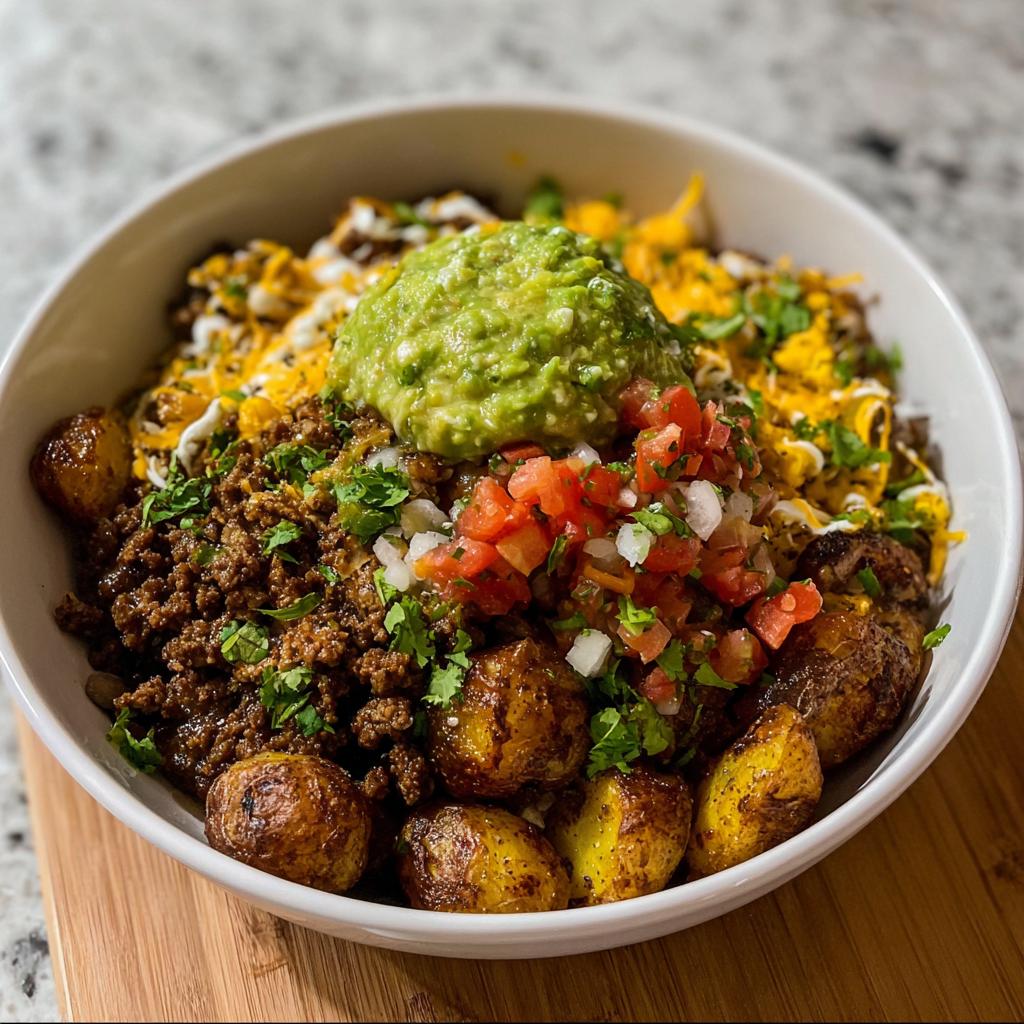 A close-up of a Loaded Potato Taco Bowl featuring seasoned ground beef, roasted potatoes, pico de gallo, guacamole, and shredded cheese.