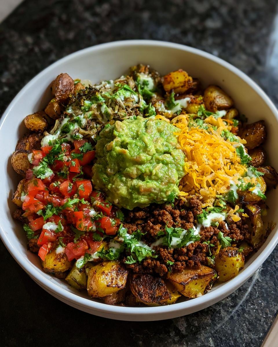 A vibrant Loaded Potato Taco Bowl filled with roasted potatoes, seasoned ground meat, fresh pico de gallo, creamy guacamole, and shredded cheese.