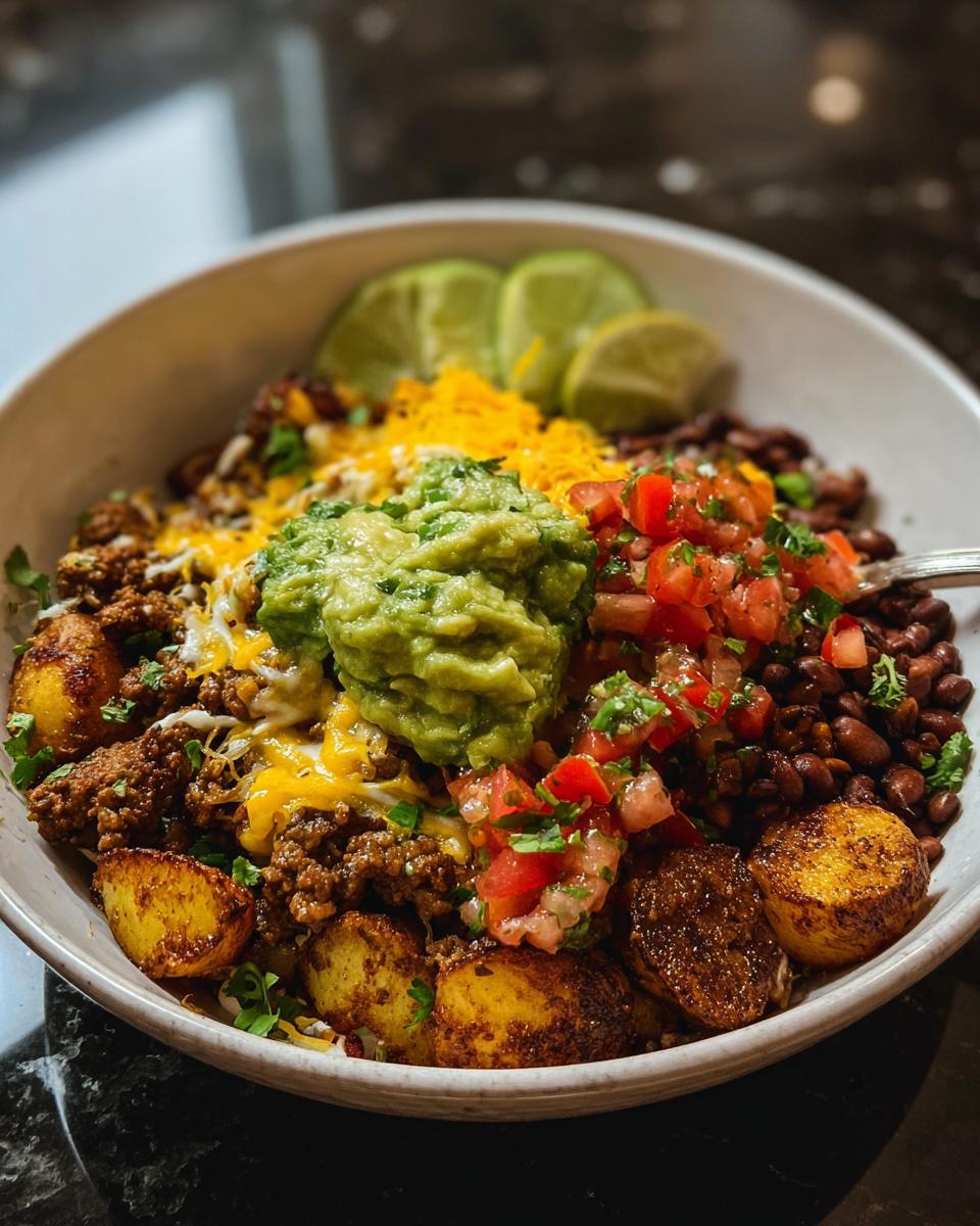 A vibrant Loaded Potato Taco Bowl overflowing with seasoned ground beef, crispy potatoes, black beans, guacamole, pico de gallo, and shredded cheese.