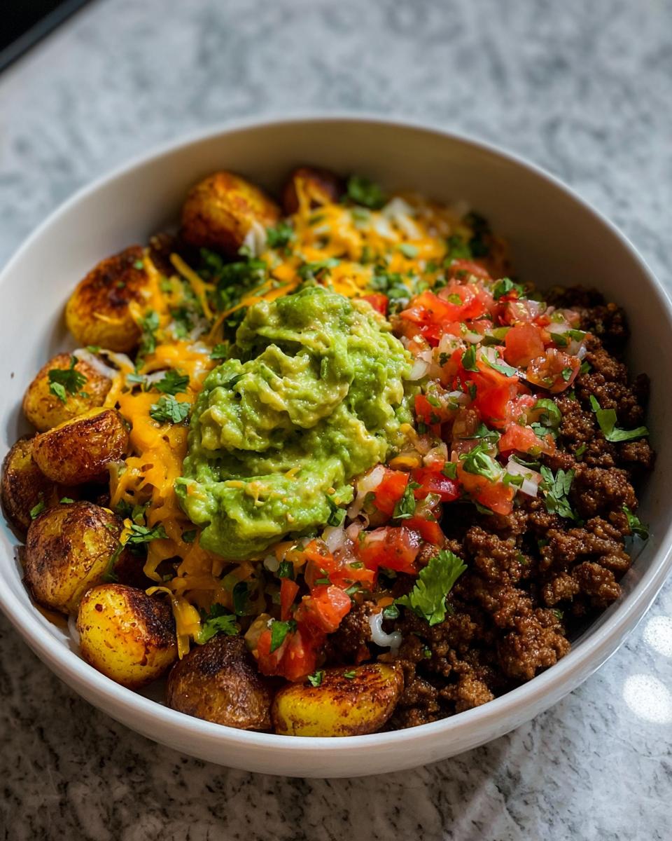 A vibrant Loaded Potato Taco Bowl filled with seasoned ground beef, roasted potatoes, shredded cheese, guacamole, and pico de gallo.