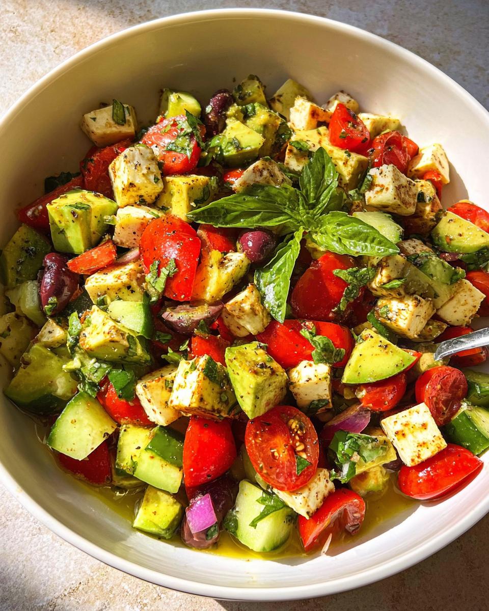 A vibrant bowl of Simple & Zesty Mediterranean Avocado Egg Salad with feta, tomatoes, cucumbers, olives, and basil.