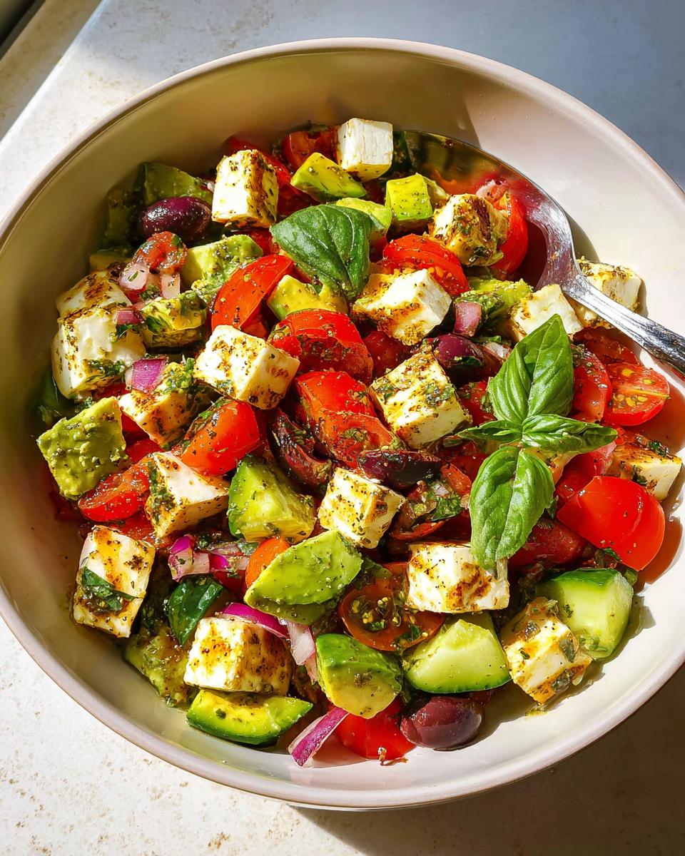 A vibrant bowl of Simple & Zesty Mediterranean Avocado Egg Salad with feta, tomatoes, olives, and basil.