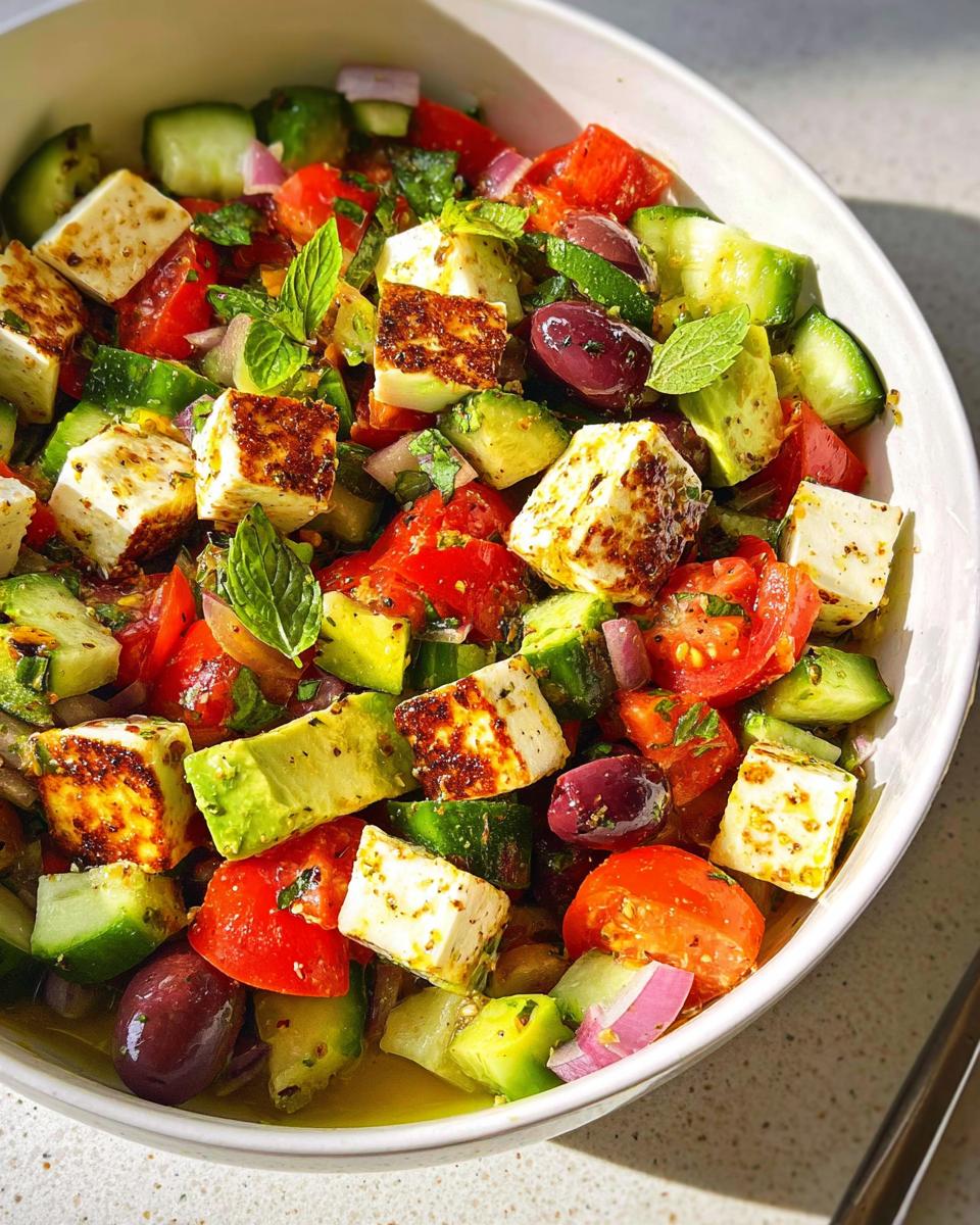 A close-up of Mediterranean Avocado Egg Salad featuring diced avocado, tomatoes, cucumbers, olives, red onion, and grilled feta cheese.