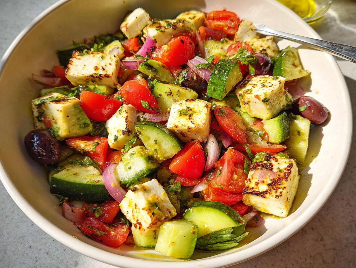 A vibrant bowl of Mediterranean Avocado Egg Salad featuring feta cheese, tomatoes, cucumbers, red onion, and olives.