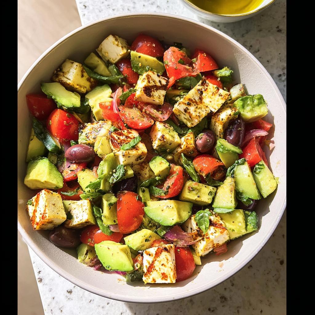 A vibrant bowl of Simple & Zesty Mediterranean Avocado Egg Salad with grilled halloumi, tomatoes, avocado, olives, and red onion.