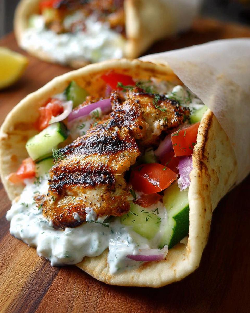 Close-up of a delicious Mediterranean Chicken Gyro filled with grilled chicken, cucumber, tomato, red onion, and creamy feta tzatziki.