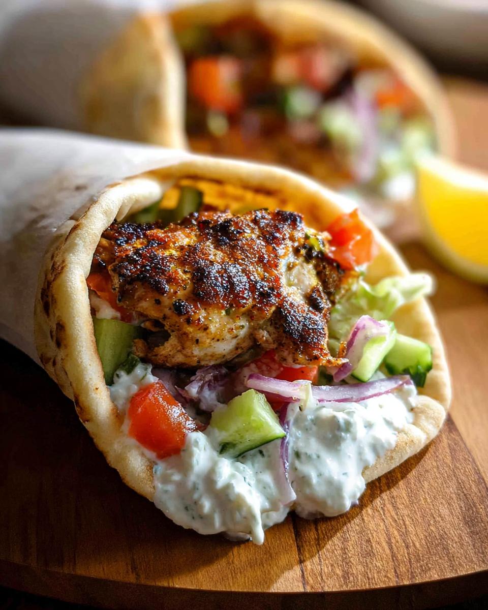 Close-up of a Mediterranean Chicken Gyro stuffed with grilled chicken, fresh vegetables, and creamy feta tzatziki sauce.