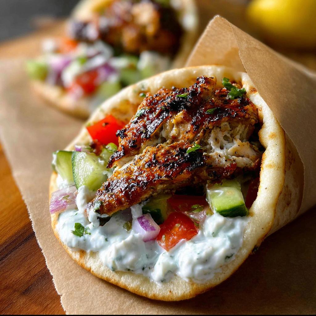 A delicious Mediterranean Chicken Gyro overflowing with grilled chicken, fresh cucumber, tomato, red onion, and creamy feta tzatziki.