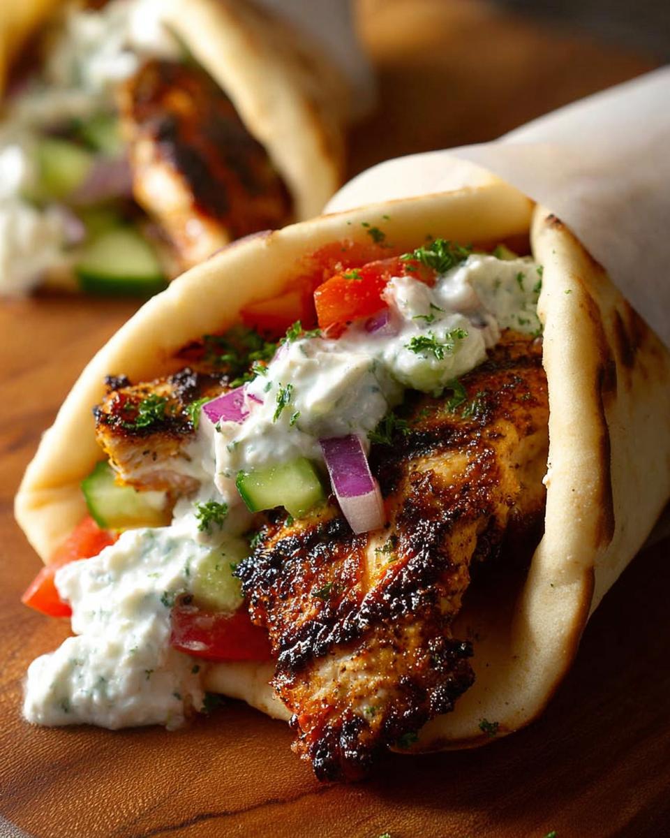 Close-up of a delicious Mediterranean Chicken Gyro filled with grilled chicken, cucumber, tomato, red onion, and creamy feta tzatziki.
