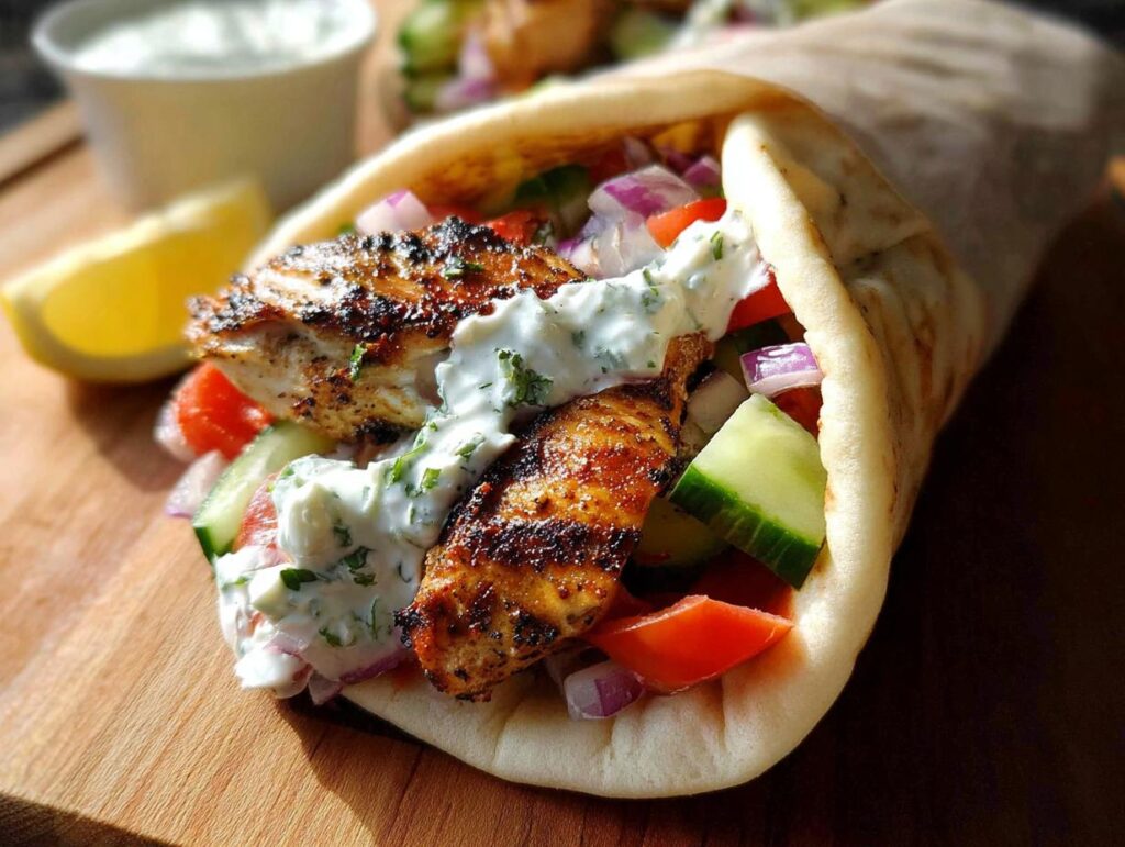 Close-up of a delicious Mediterranean Chicken Gyro stuffed with grilled chicken, cucumber, tomato, red onion, and creamy feta tzatziki.