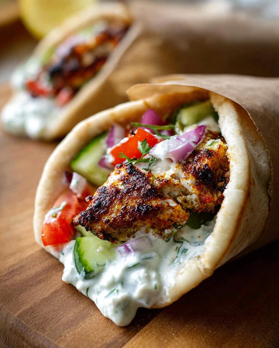 Close-up of a Mediterranean Chicken Gyro filled with grilled chicken, cucumber, tomato, red onion, and creamy feta tzatziki.