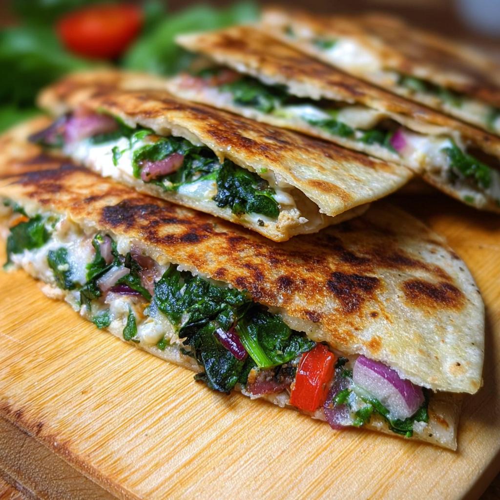 Close-up of Mediterranean Quesadillas with Spinach, Feta, Mozzarella, and Red Onion, cut into wedges.