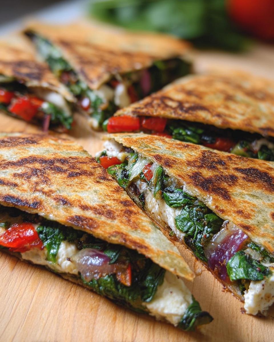 Close-up of Mediterranean Quesadillas with spinach, feta, mozzarella, and red onion, cut into triangles.