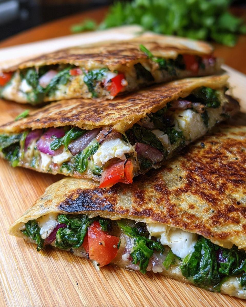 Close-up of Mediterranean Quesadillas filled with spinach, feta, mozzarella, and red onion, cut in half.