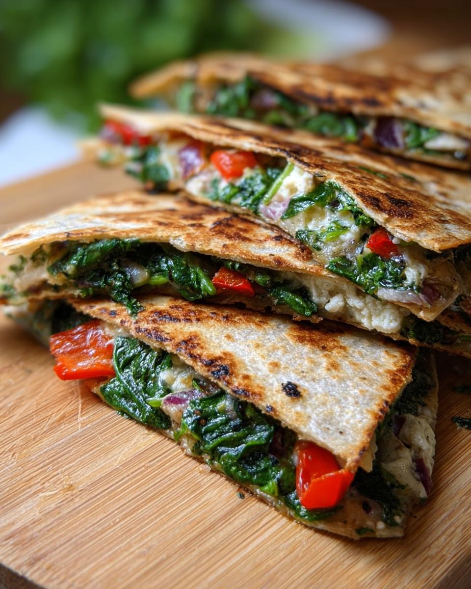 Close-up of stacked Mediterranean Quesadillas filled with spinach, feta, mozzarella, and red onion.