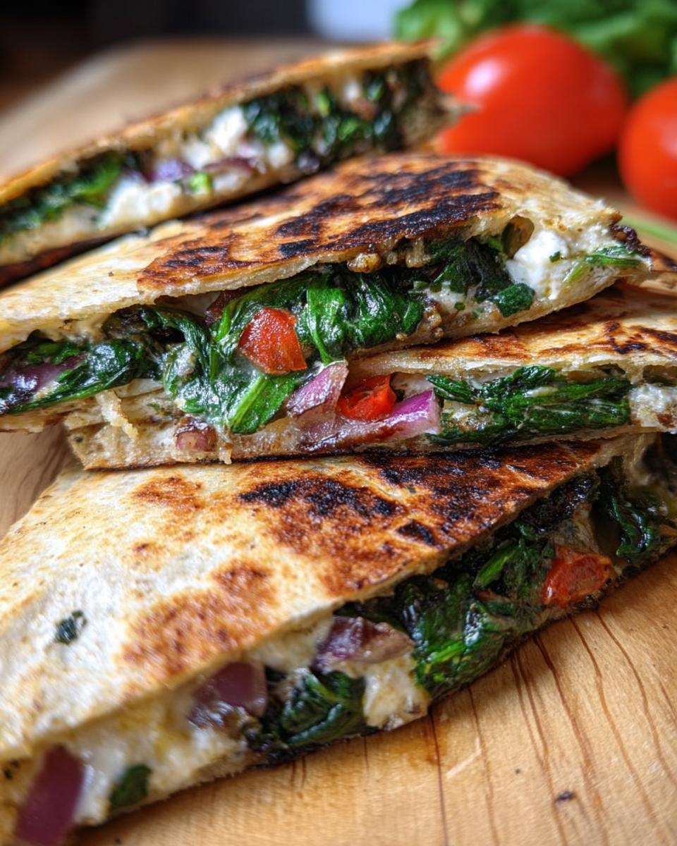 Close-up of stacked Mediterranean quesadillas filled with spinach, feta, mozzarella, and red onion.