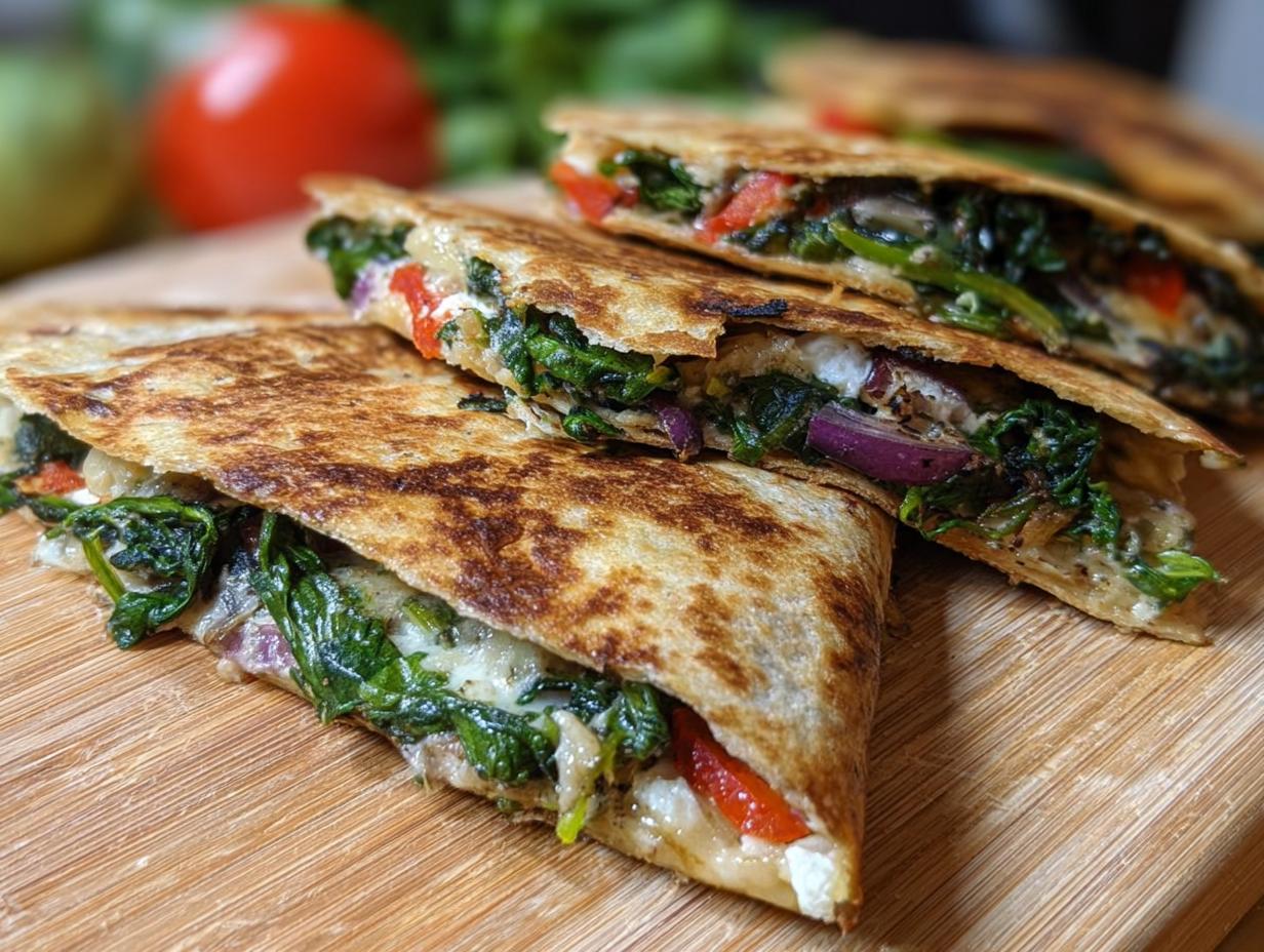 Close-up of Mediterranean quesadillas filled with spinach, feta, mozzarella, and red onion, cut into wedges.